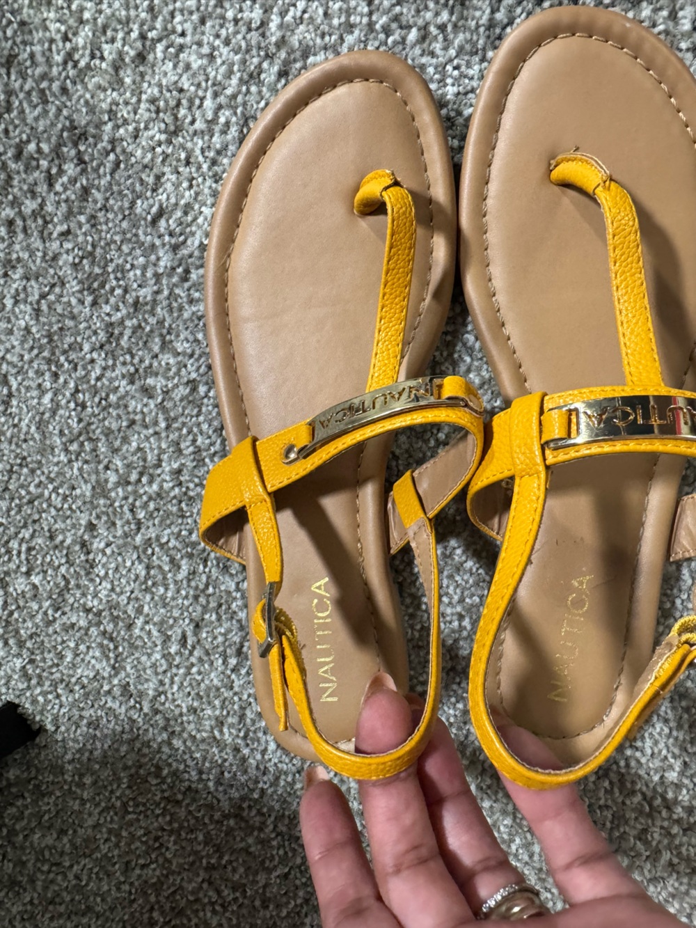 Nautica Women's Yellow Leather T-Strap Sandals with Gold Accent